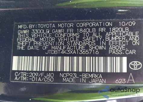 2010 Toyota Yaris z USA, uszkodzony, nr VIN JTDBT4K3XA1365716